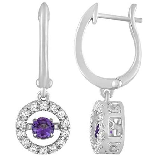 Femme Luxe 1..00 Carat Amethyst and White Topaz Dancing Drop Earrings for Women, Rhodium Plated Sterling Silver, Dainty and Hypoallergenic.