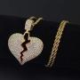 PAMTIER Mens Iced Out Full Diamond Broken Heart Pendant Necklace Chain Silver Gold