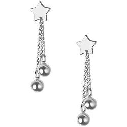 Tiny Star Ball Chain Drop Dangle Sterling Silver Earrings for Women Teen Girls 925 White Gold Plated Cartilage Hypoallergenic Polish Pentagram Dangling Cute Holiday Jewelry Daughter Gift
