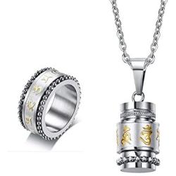 XUANPAI Stainless Steel Buddhist Mantra Om Mani Padme Hum Spniner Ring Urn Nekclace,Religion Jewelry Set
