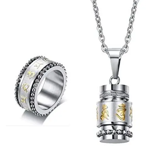 XUANPAI Stainless Steel Buddhist Mantra Om Mani Padme Hum Spniner Ring Urn Nekclace,Religion Jewelry Set XUANPAI Stainless Steel Buddhist Mantra Om Mani Padme Hum Spniner Ring Urn Nekclace,Religion Jewelry Set