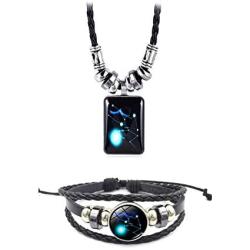 Dcfywl731 Fashion 12 Twelve Constellations Hand Woven Leather Bracelet and Moon Pendant Necklace Zodiac Sign Jewelry Set