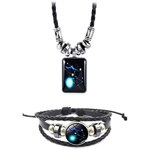 Dcfywl731 Fashion 12 Twelve Constellations Hand Woven Leather Bracelet and Moon Pendant Necklace Zodiac Sign Jewelry Set