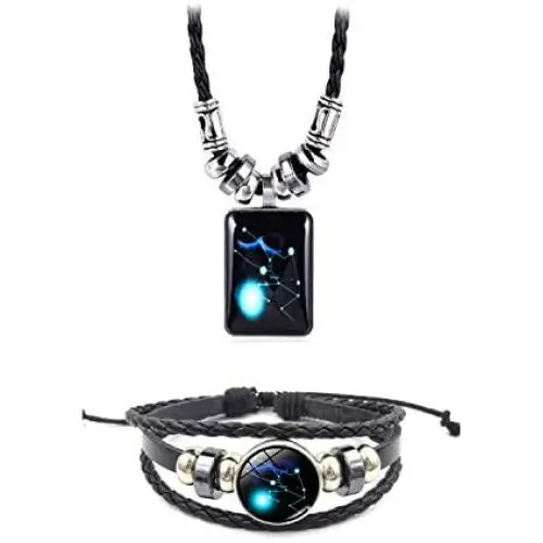 Dcfywl731 Fashion 12 Twelve Constellations Hand Woven Leather Bracelet and Moon Pendant Necklace Zodiac Sign Jewelry Set Dcfywl731 Fashion 12 Twelve Constellations Hand Woven Leather Bracelet and Moon Pendant Necklace Zodiac Sign Jewelry Set