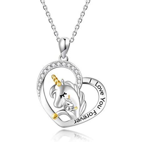 FREECO Unicorn Necklace Gifts for Women Girl - Sterling Silver Cute Unicorn in Heart Pendant Necklace Jewelry,Rolo Chain 18 Inches (Mother Daughter Unicorn Necklace)