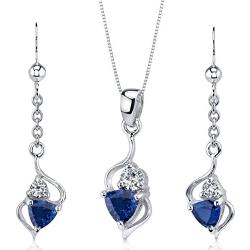 Created Sapphire Pendant Earrings Necklace Set Sterling Silver Trillion Cut 2.25 Carats