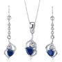 Created Sapphire Pendant Earrings Necklace Set Sterling Silver Trillion Cut 2.25 Carats
