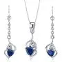 Created Sapphire Pendant Earrings Necklace Set Sterling Silver Trillion Cut 2.25 Carats