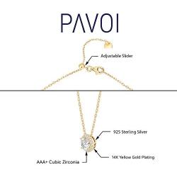 PAVOI 14K Gold Plated Post Faux Diamond Round Solitaire Pendant Halo Necklace | Gold Necklace for Women | Slider Adjustable