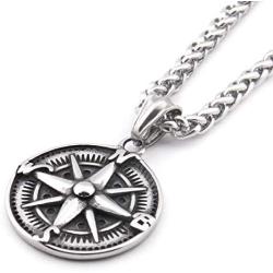 GUNGNEER Stainless Steel Compass Pendant Necklace Keel Chain Life Guide Savior Talisman Jewelry for Mens Womens