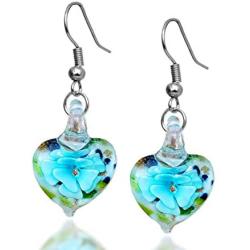 Handmade Murano Inspired Light Blue Confetti Flower Heart Drop Glass Earrings by BESHEEK │Artisan Blown Hypoallergenic Lampwork Italian Style Dangle Jewelry