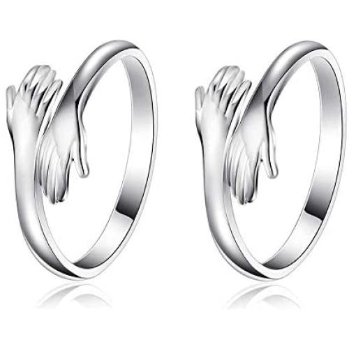 2 Pieces Hugging Hands Rings Silver Hands Embrace Open Rings Adjustable Couple Hug Rings Romantic Lover Wedding Ring Jewelry Gifts