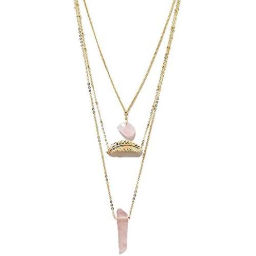 Injoy Jewelry Synthetic Rose Quartz Multilayer Chain Necklace Gemstone Leaf Pendant Necklace for Women Girls
