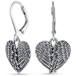 Puff Heart Shaped Guardian Angel Wings Feather Leverback Dangle Earrings For Women Oxidized 925 Sterling Silver