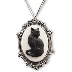 Black Cat Cameo in Antique Silver Finish Pewter Frame Pendant Necklace