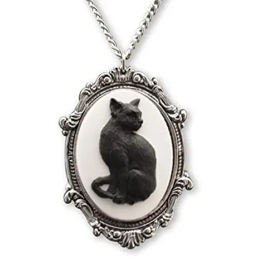 Black Cat Cameo in Antique Silver Finish Pewter Frame Pendant Necklace