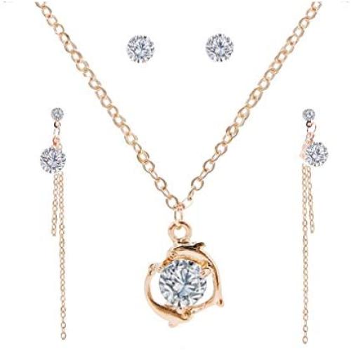 YAZILIND Clavicle Chain Cubic Zirconia Pendant Necklace Link Drop Dangle Stud Earrings Jewelry Set