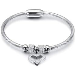 Stainless Steel Magnetic Clasp Hart Charm Cubic Zircon Anniversary Valentine Bangle Bracelet