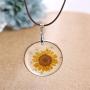 Jeni-Sely Handmade Real Dry Pressed Sunflower Round Resin Leather Necklace