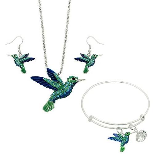 Lola Bella Gifts Crystal Hummingbird Necklace Earrings and Bracelet Set w Gift Box