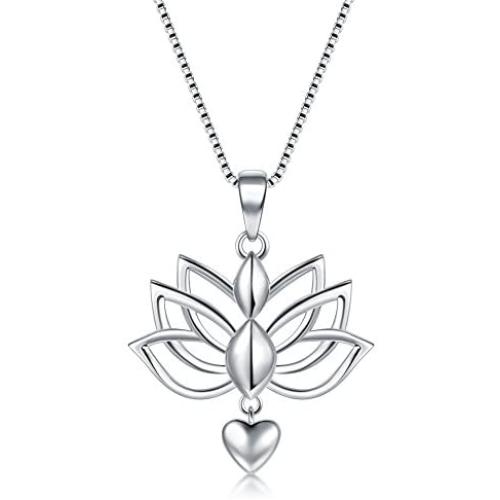 BORUO Sterling Silver Necklaces, 925 Silver Necklaces with Pendant Lotus Flower Yoga Heart Box Chain for Women Charm Jewelry