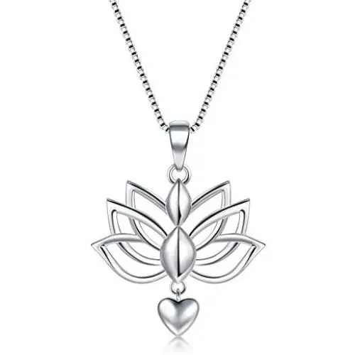 BORUO Sterling Silver Necklaces, 925 Silver Necklaces with Pendant Lotus Flower Yoga Heart Box Chain for Women Charm Jewelry