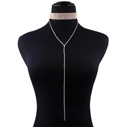Rhinestones Choker Necklace Double Layer Full Crystal Wide Y Collar Necklace Sexy Dainty CZ Diamond