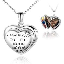 Locket Necklace Sterling Silver I Love You to The Moon and Back Necklace 4 Photo Heart Locket Necklace Love Memory Jewelry Gifts for Women Girl