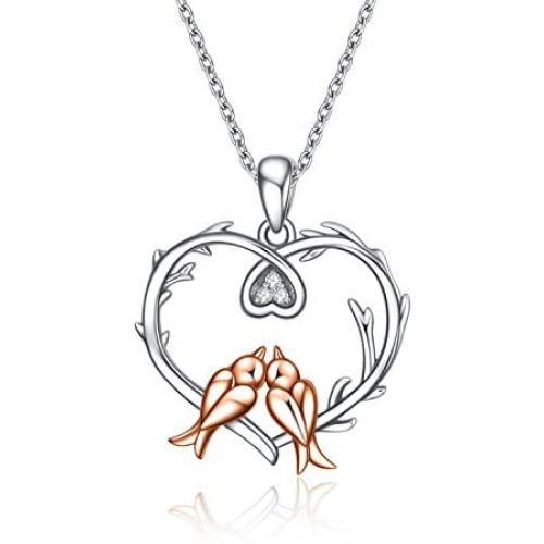 YAFEINI Dainty Bird Necklace Sterling Silver Doves Birds Love Heart Faith Hope Love Pendant Birds on a Branch Jewelry Gifts for Women Wife