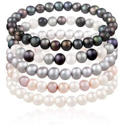 Set Of 5 Genuine Freshwater Cultured 7mm Multicolored Pearl Stretch Bracelets 7.5''