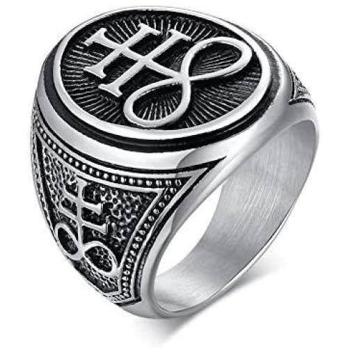 XUANPAI Retro Unisex Leviathan Cross Satanic Ring Brimstone Occult Symbol Signet Band