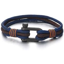 COOLSTEELANDBEYOND Men Women Steel Screw Anchor Shackle Nautical Sailor Navy Blue Brown Rope Wristband Wrap Bracelet