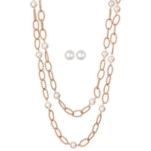 Jones New York Gold Two Twisted Chain White Pearls Necklace and Earrings Set