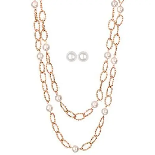 Jones New York Gold Two Twisted Chain White Pearls Necklace and Earrings Set Jones New York Gold Two Twisted Chain White Pearls Necklace and Earrings Set