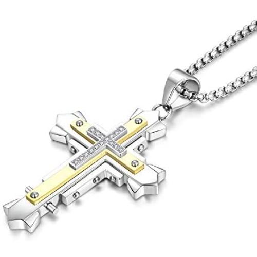 YL Cross Necklace for Men Stainless Steel Crucifix Pendant Rolo Chain Jewelry