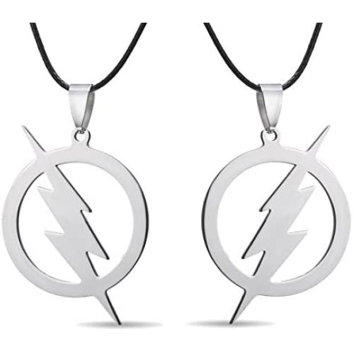 Stainless Steel Superhero Lightning Round Flash Pendant Necklace Leather Chain