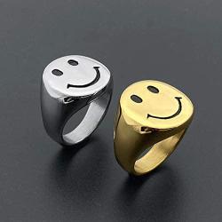 IDesign Smiley Face Ring chunky Gold White Silver Signet Ring, Stainless Steel Asthetic Cool Rings For Egirl Eboy Handmade Rings Dainty Statement Ring For Women Men