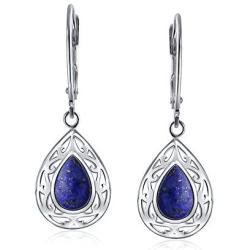 Bali Style Semi Precious Gemstone Pear Shaped Leverback Scroll Filigree Teardrop Drop Dangle Earrings For Women .925 Sterling Silver