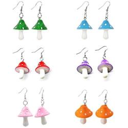 6 Pairs Cute Polka Dot Mushroom Dangle Earrings Funny Simulation Mushroom Resin Drop Earrings Colorful Fresh Resin Mushroom Shape Pendant Earrings Set for Women Girls Jewelry