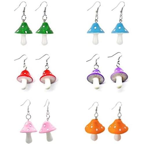 6 Pairs Cute Polka Dot Mushroom Dangle Earrings Funny Simulation Mushroom Resin Drop Earrings Colorful Fresh Resin Mushroom Shape Pendant Earrings Set for Women Girls Jewelry