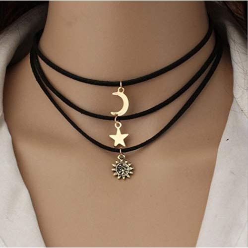 CanB Moon and Star Black Summer Choker Necklace Layered Velvet Sun Pendant Necklaces Jewelry for Women and Girls