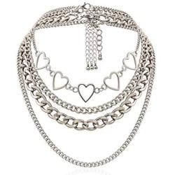 Simple Hearts Necklace Lolita Choker Chain for Girls Women Layered Cuban Chunky Chain Necklace Chic Style Wedding Dress Jewelry (Silver 1)