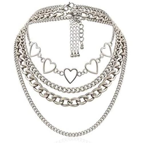 Simple Hearts Necklace Lolita Choker Chain for Girls Women Layered Cuban Chunky Chain Necklace Chic Style Wedding Dress Jewelry (Silver 1)