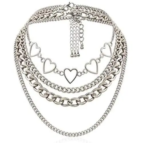 Simple Hearts Necklace Lolita Choker Chain for Girls Women Layered Cuban Chunky Chain Necklace Chic Style Wedding Dress Jewelry (Silver 1) Simple Hearts Necklace Lolita Choker Chain for Girls Women Layered Cuban Chunky Chain Necklace Chic Style Wedding Dress Jewelry (Silver 1)