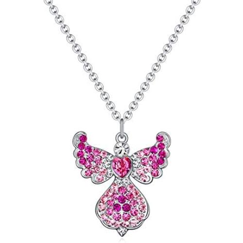 Angel Necklace Charm for Women Teen Girls,Cute Angel Wing Necklace White Gold Plated with Crystal