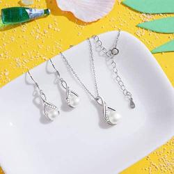 Cat Eye Jewels 8mm Pearl Necklace Earrings Set Dangle Stud 925 Sterling Silver Cubic Zircona Weeding Jewelry for Brides and Bridesmaids