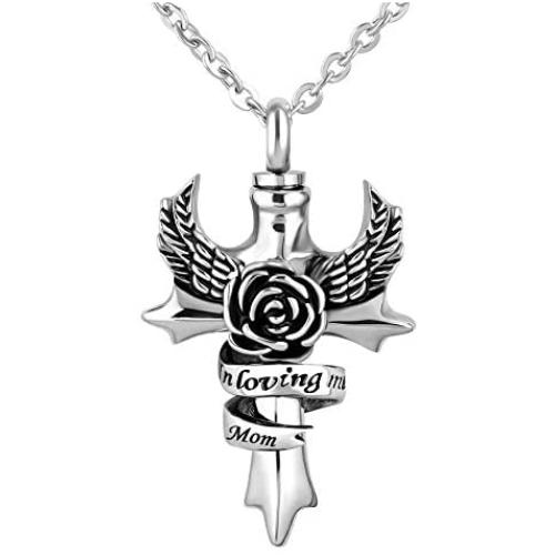 CoolJewelry Urn Necklace for Ashes Angel Wing Always in My Heart Cremation Memorial Pendant Flower Keepsake Stainless Steel Jewelry