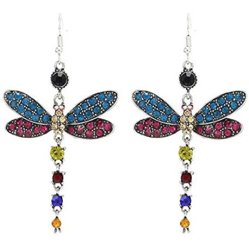 SMALLLOVE Dragonfly Dangle Drop Earrings for Women Girls Fairy Vintage Shining Crystal Rhinestone Alloy Wing Long Tassel Animal Earring Jewelry Gift