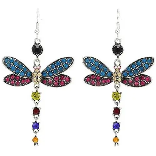 SMALLLOVE Dragonfly Dangle Drop Earrings for Women Girls Fairy Vintage Shining Crystal Rhinestone Alloy Wing Long Tassel Animal Earring Jewelry Gift