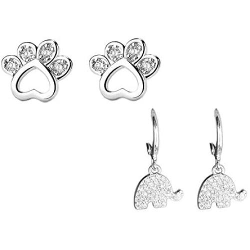 2Pairs Shiny Cute Dog Cat Pet Paw Elephant Wing Shaped Rhinestone Earring Glitter Crystal Animal Shapes Dangle Earring Hypoallergenic Elegant All-day Wear Jewelry Set for Women Girls